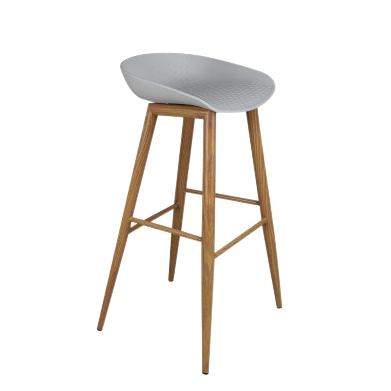 Industrial dining chair with plastic honeycomb top & wood-grain steel legs.