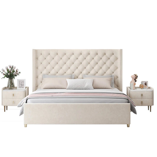Solid wood fabric bed, French cream style, modern light luxury.
