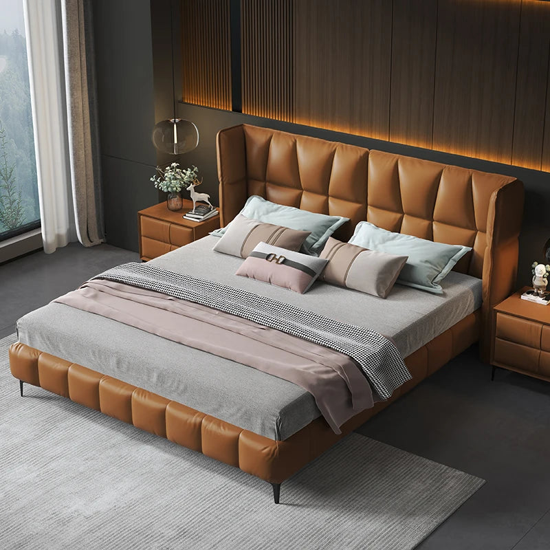 Italian Minimalist Leather Light Luxury Modern Bedroom Soft Bag Double Bed