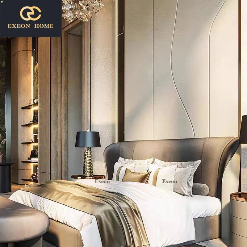 Italian luxury leather queen bed (2m), elegant design for master bedrooms.