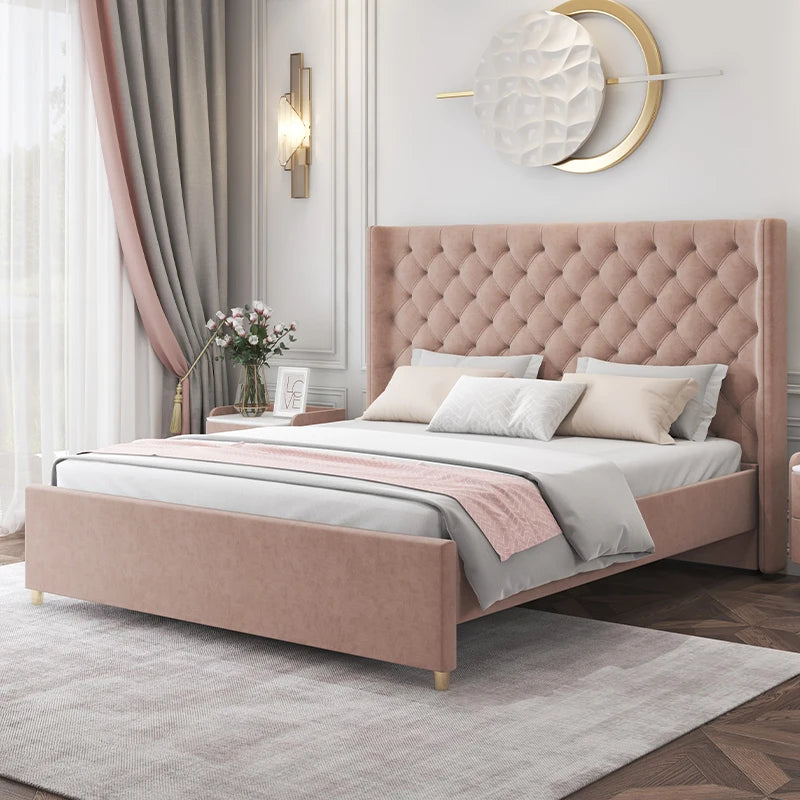 Solid wood fabric bed, French cream style, modern light luxury.