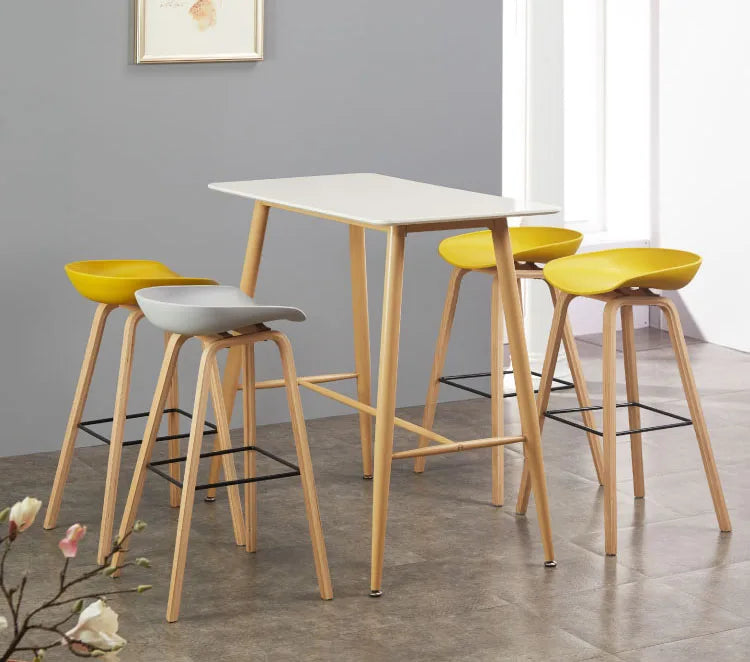 Industrial dining chair with plastic honeycomb top & wood-grain steel legs.