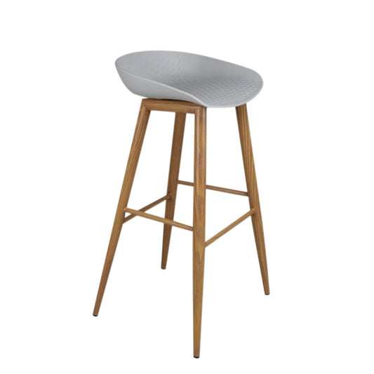 Industrial dining chair with plastic honeycomb top & wood-grain steel legs.