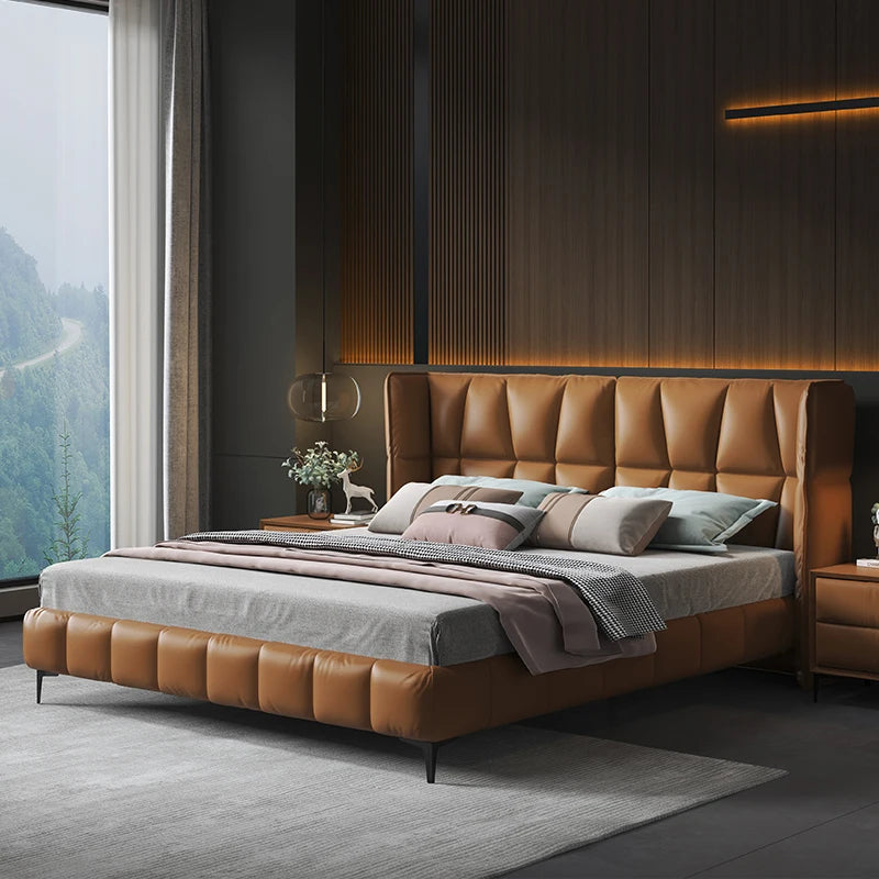 Italian Minimalist Leather Light Luxury Modern Bedroom Soft Bag Double Bed