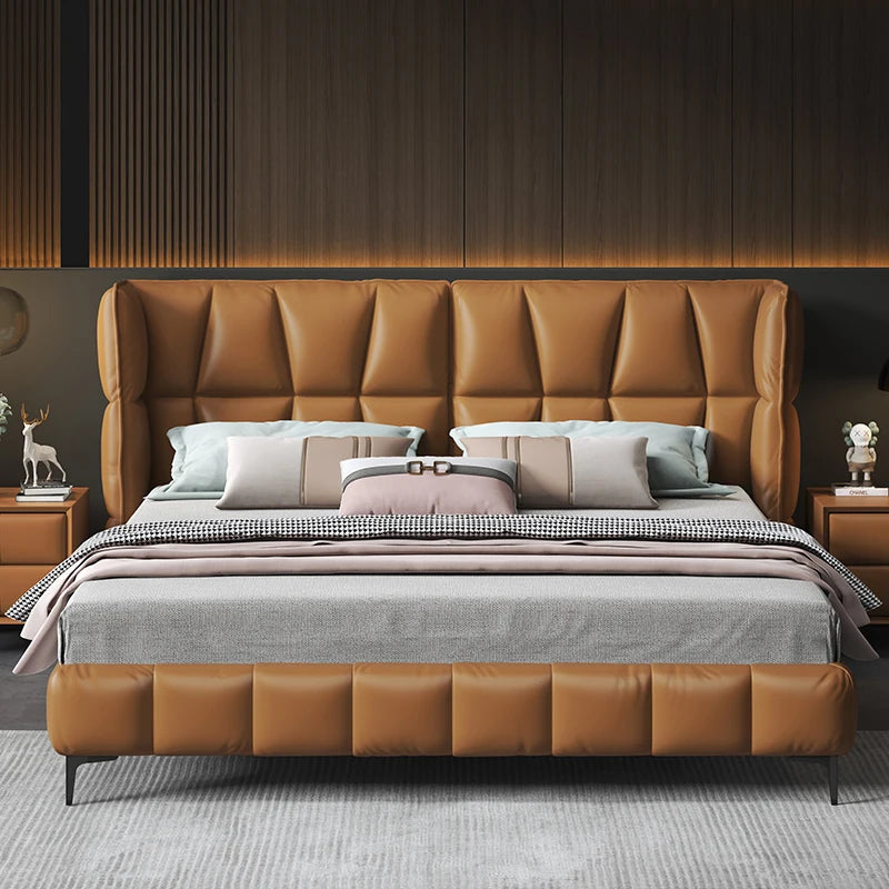 Italian Minimalist Leather Light Luxury Modern Bedroom Soft Bag Double Bed