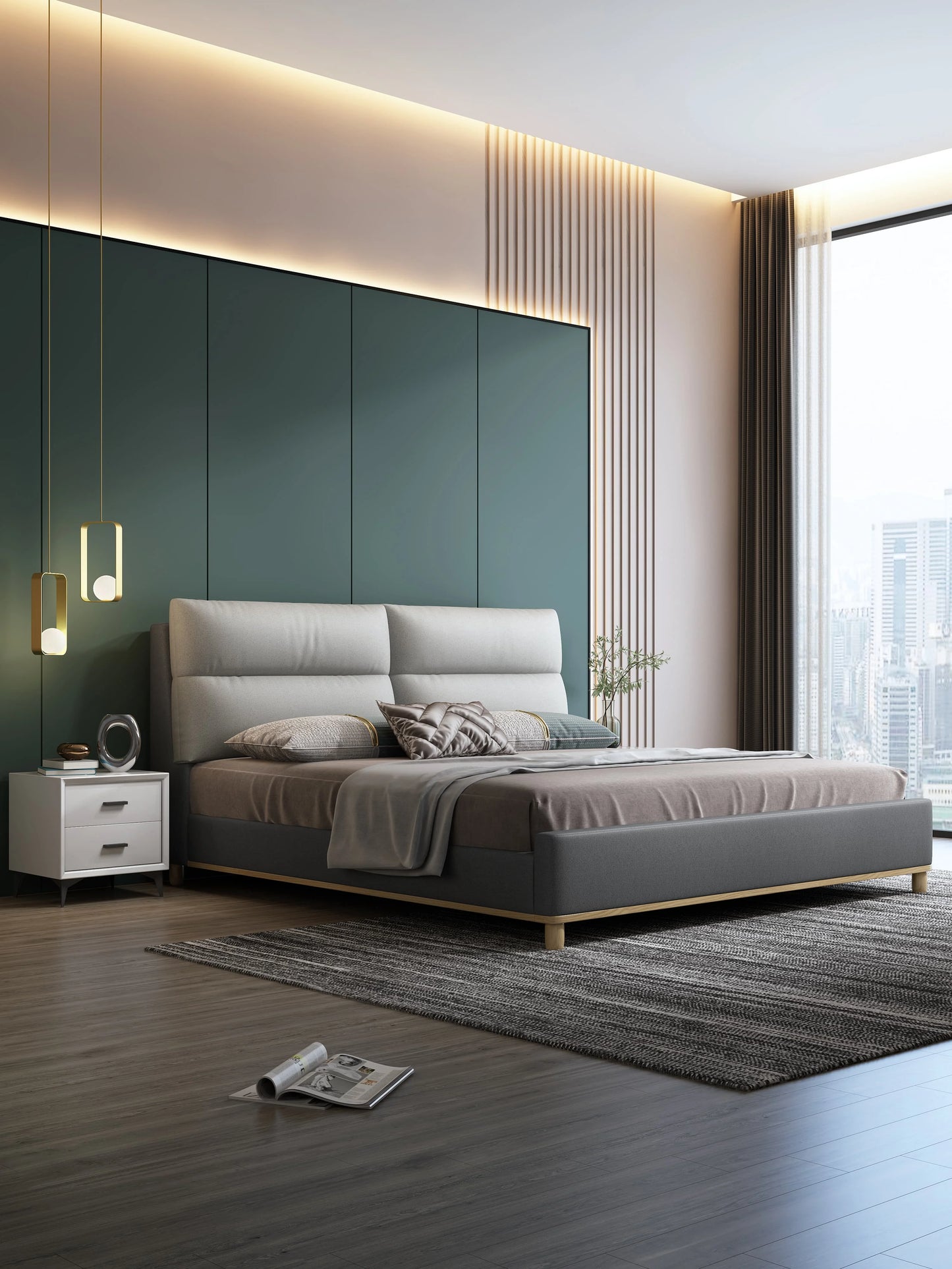 Cream leather queen bed with solid wood frame, modern and elegant.
