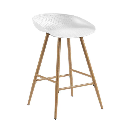 Industrial dining chair with plastic honeycomb top & wood-grain steel legs.