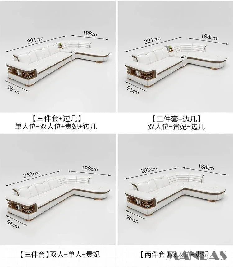 Luxury L-Shaped Genuine Leather Sectional Sofa Sets with USB, Bluetooth Speaker - MANBAS Living Room Italian Leather Couches