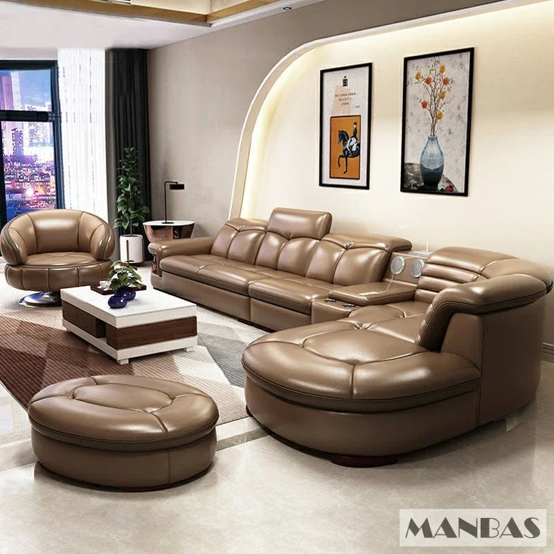 Luxury L-Shaped Genuine Leather Sectional Sofa Sets with USB, Bluetooth Speaker - MANBAS Living Room Italian Leather Couches