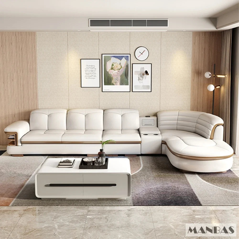 Luxury L-Shaped Genuine Leather Sectional Sofa Sets with USB, Bluetooth Speaker - MANBAS Living Room Italian Leather Couches