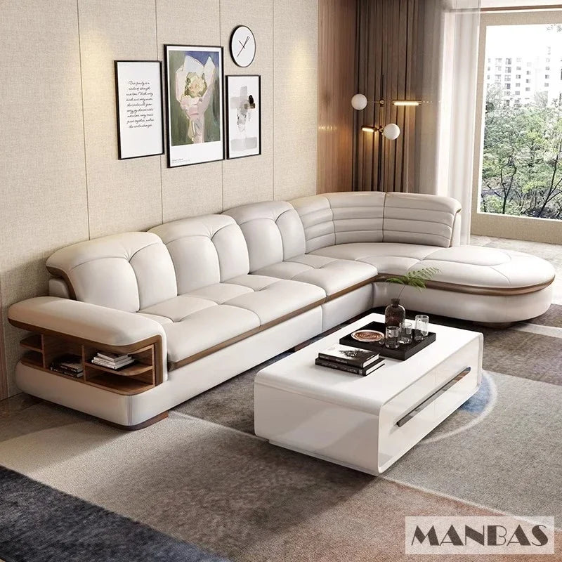Luxury L-Shaped Genuine Leather Sectional Sofa Sets with USB, Bluetooth Speaker - MANBAS Living Room Italian Leather Couches