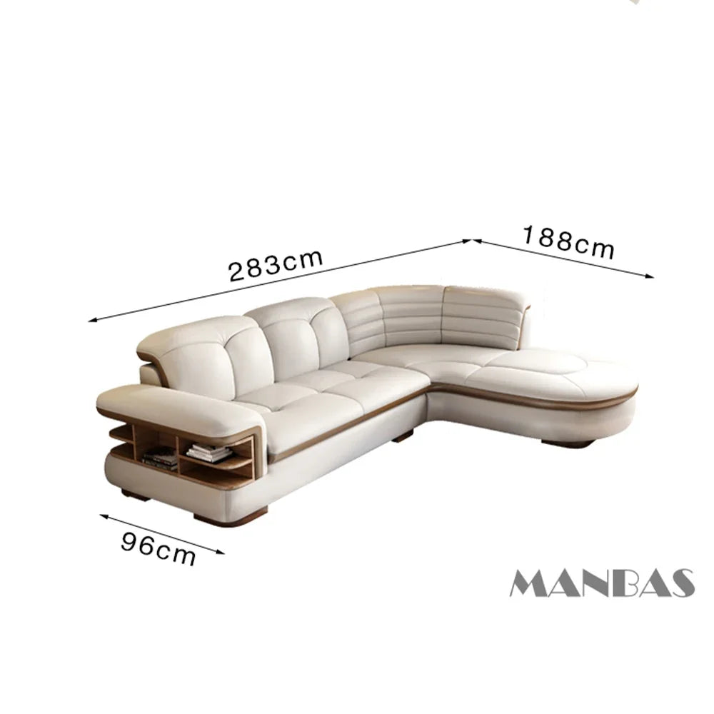 Luxury L-Shaped Genuine Leather Sectional Sofa Sets with USB, Bluetooth Speaker - MANBAS Living Room Italian Leather Couches