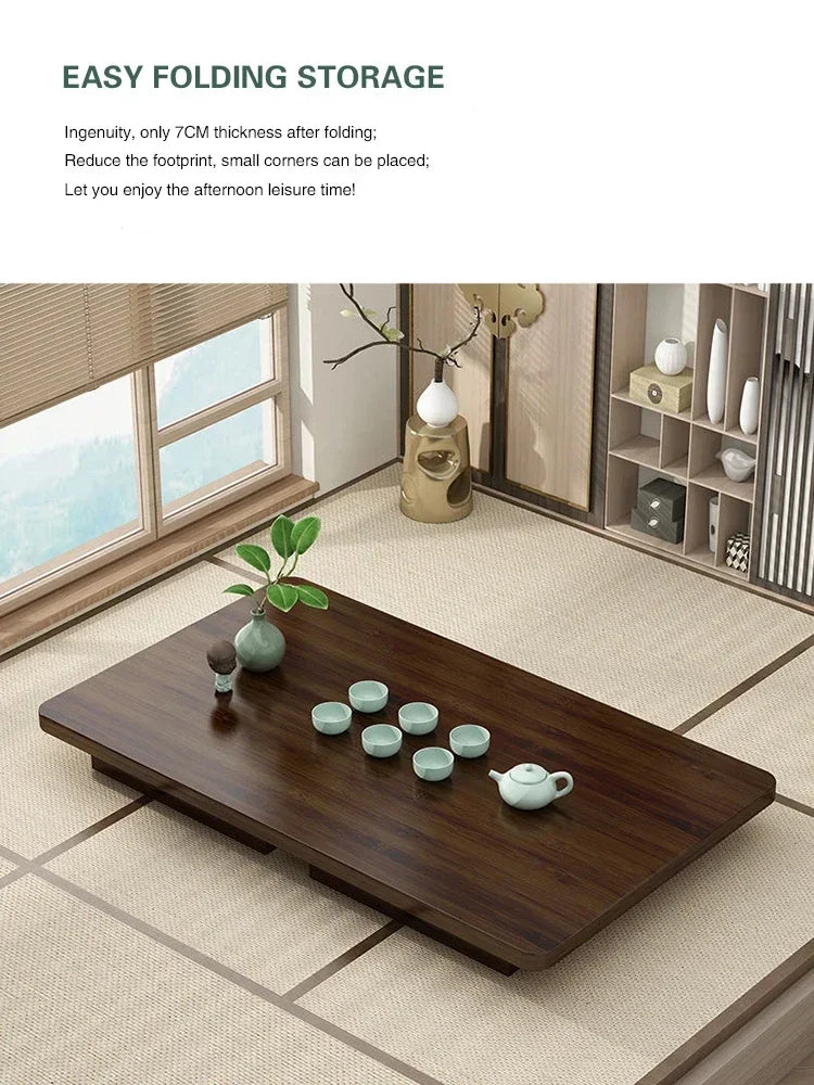Solid Wood Folding Coffee Table Japanese Tatami Style Side Desk 60-100cm Compact Low Table for Living Room Bedroom Floor Sitting