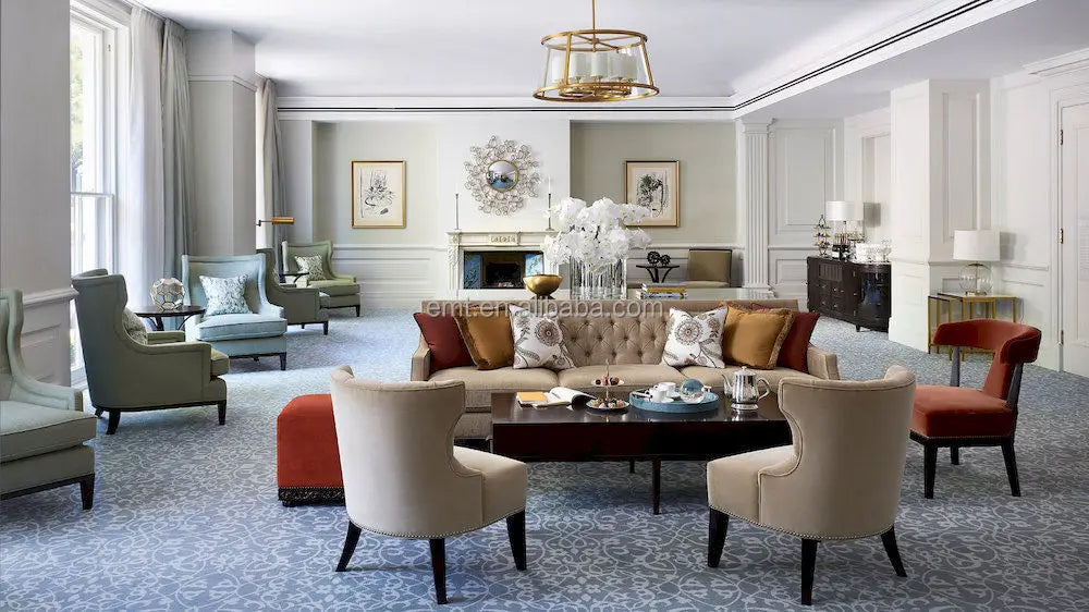 Factory Custom Made Modern Design Full Fabric Wooden Hotel Lobby Sofa Set for Apartment Villa Living Room