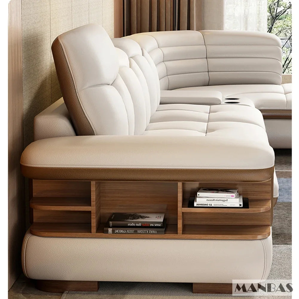 Luxury L-Shaped Genuine Leather Sectional Sofa Sets with USB, Bluetooth Speaker - MANBAS Living Room Italian Leather Couches