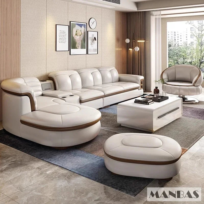 Luxury L-Shaped Genuine Leather Sectional Sofa Sets with USB, Bluetooth Speaker - MANBAS Living Room Italian Leather Couches