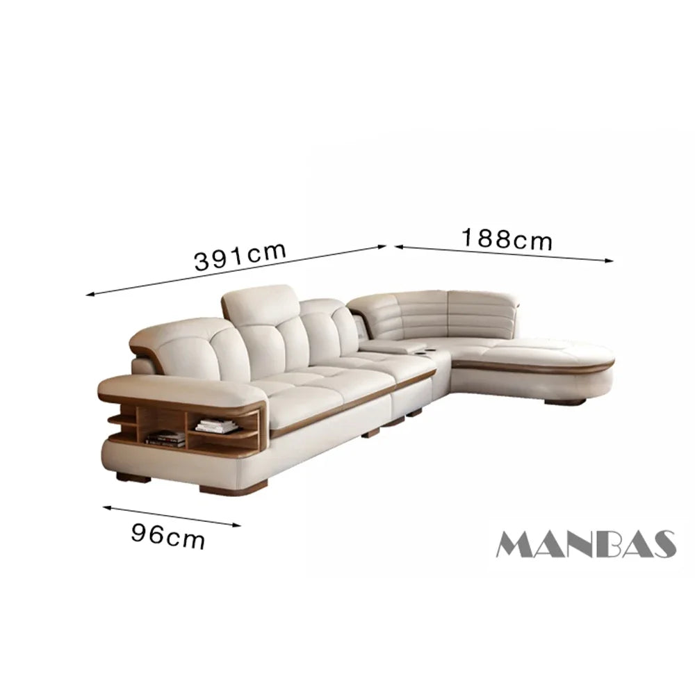 Luxury L-Shaped Genuine Leather Sectional Sofa Sets with USB, Bluetooth Speaker - MANBAS Living Room Italian Leather Couches