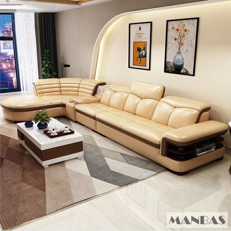 Luxury L-Shaped Genuine Leather Sectional Sofa Sets with USB, Bluetooth Speaker - MANBAS Living Room Italian Leather Couches